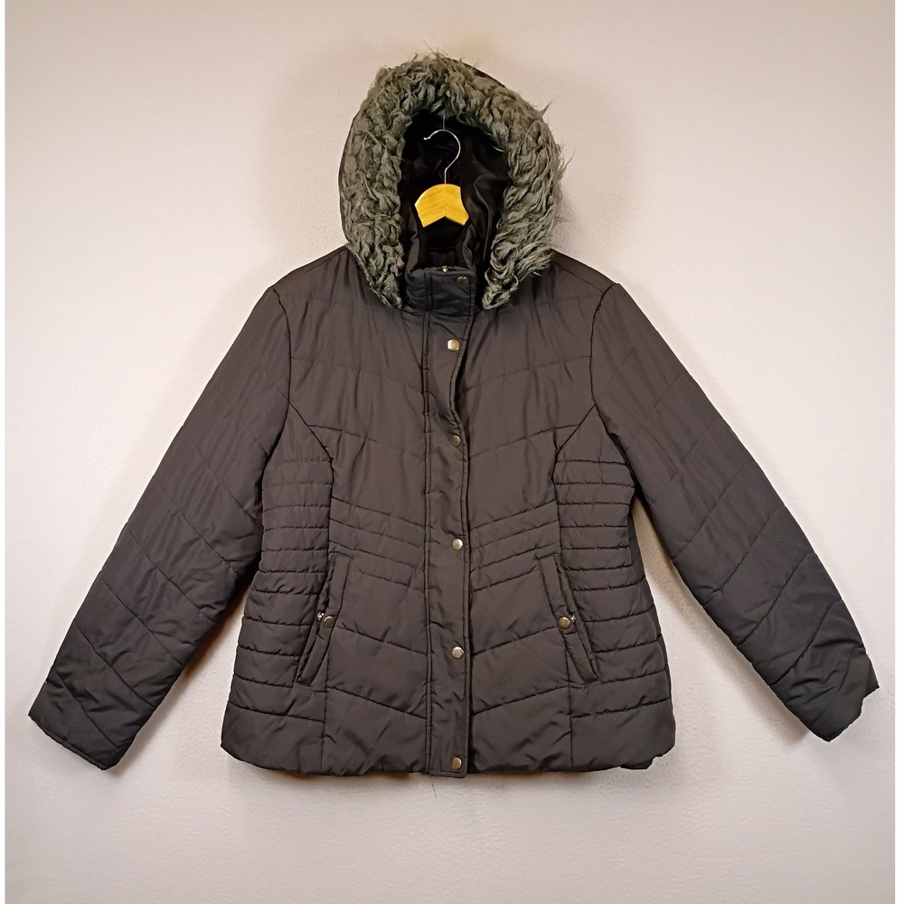 Winter Chic Maralyn & Me Women XL Grey Quilted Faux Fur Hood Puffer Jacket Coat